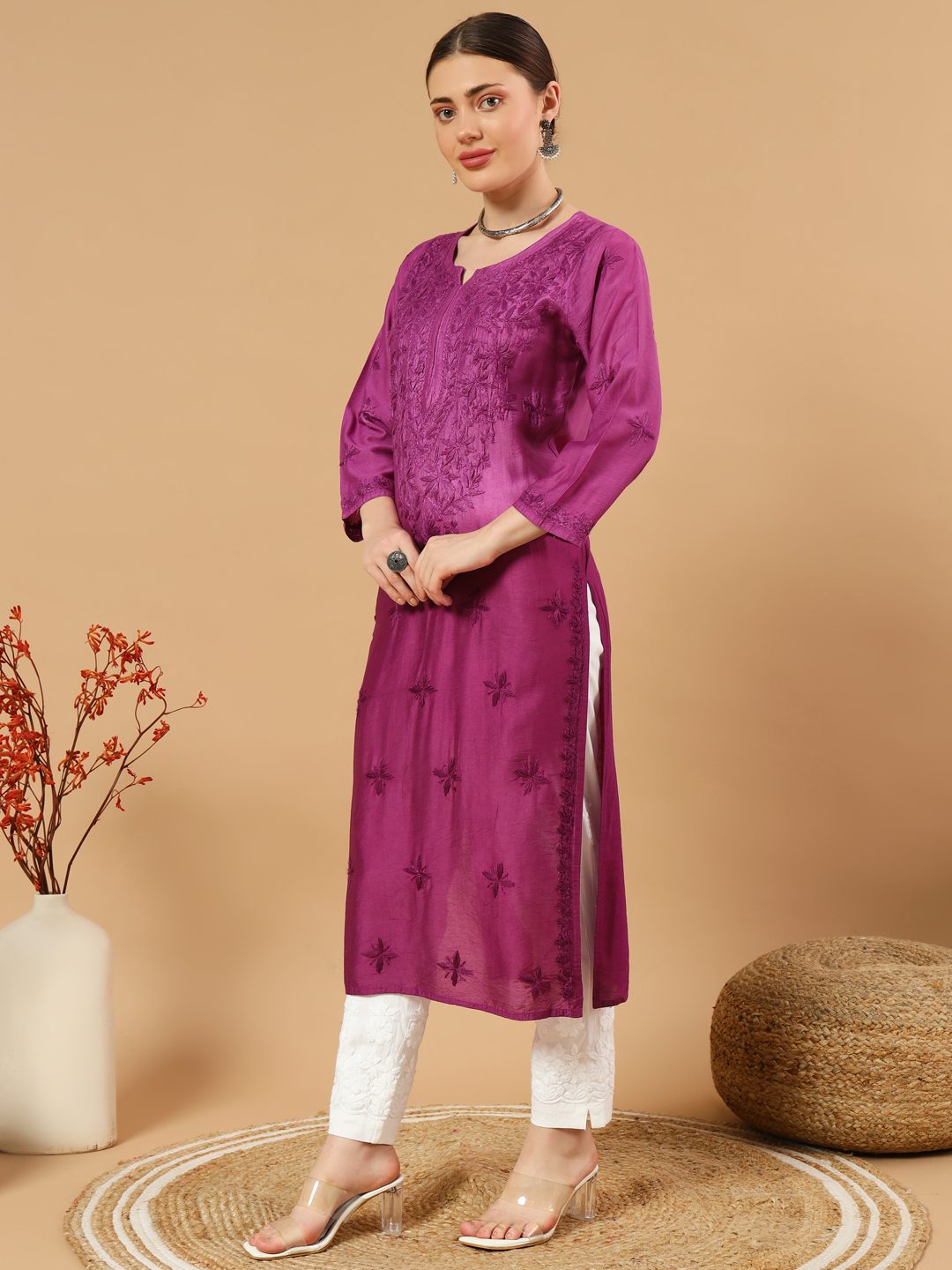 Chanderi Chikankari Kurti with Slip