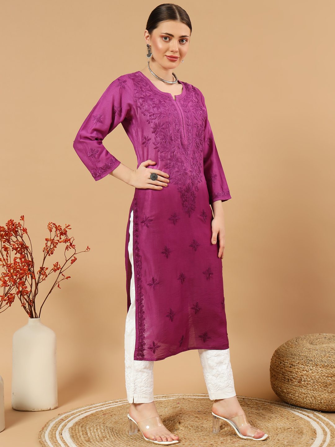 Chanderi Chikankari Kurti with Slip
