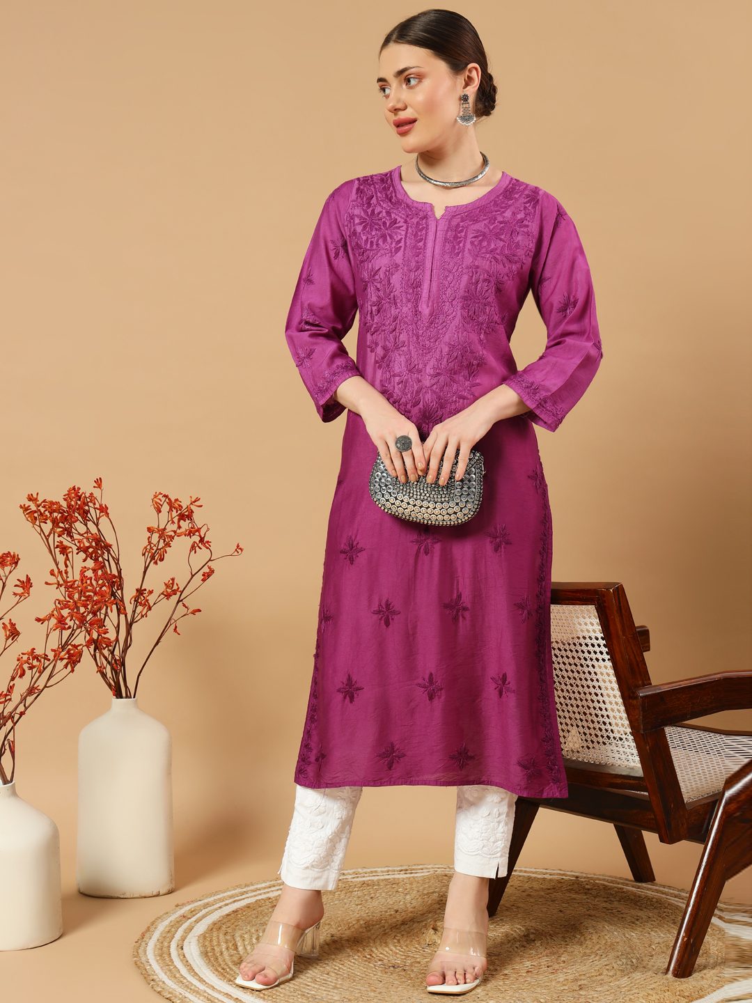 Chanderi Chikankari Kurti with Slip