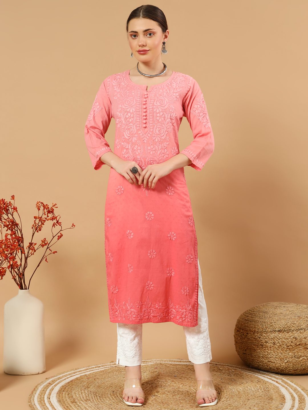 Hand Embroided Dobby Cotton Ombre Chikankari Kurti