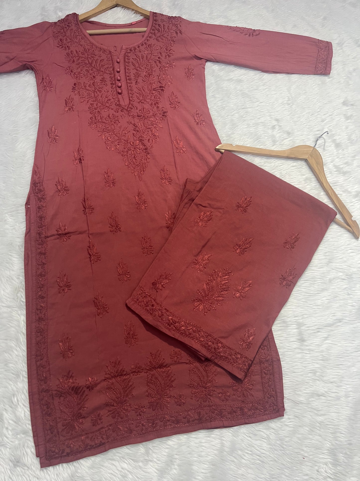 Handcrafted Elegance: Modal Chikankari Kurti & Palazzo Set