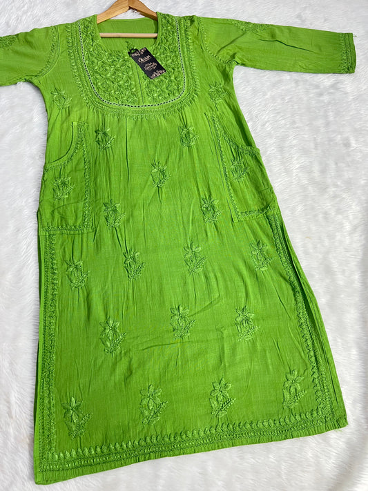 Linen Cotton Handwork Beautiful Shades kurti having Side Pockets