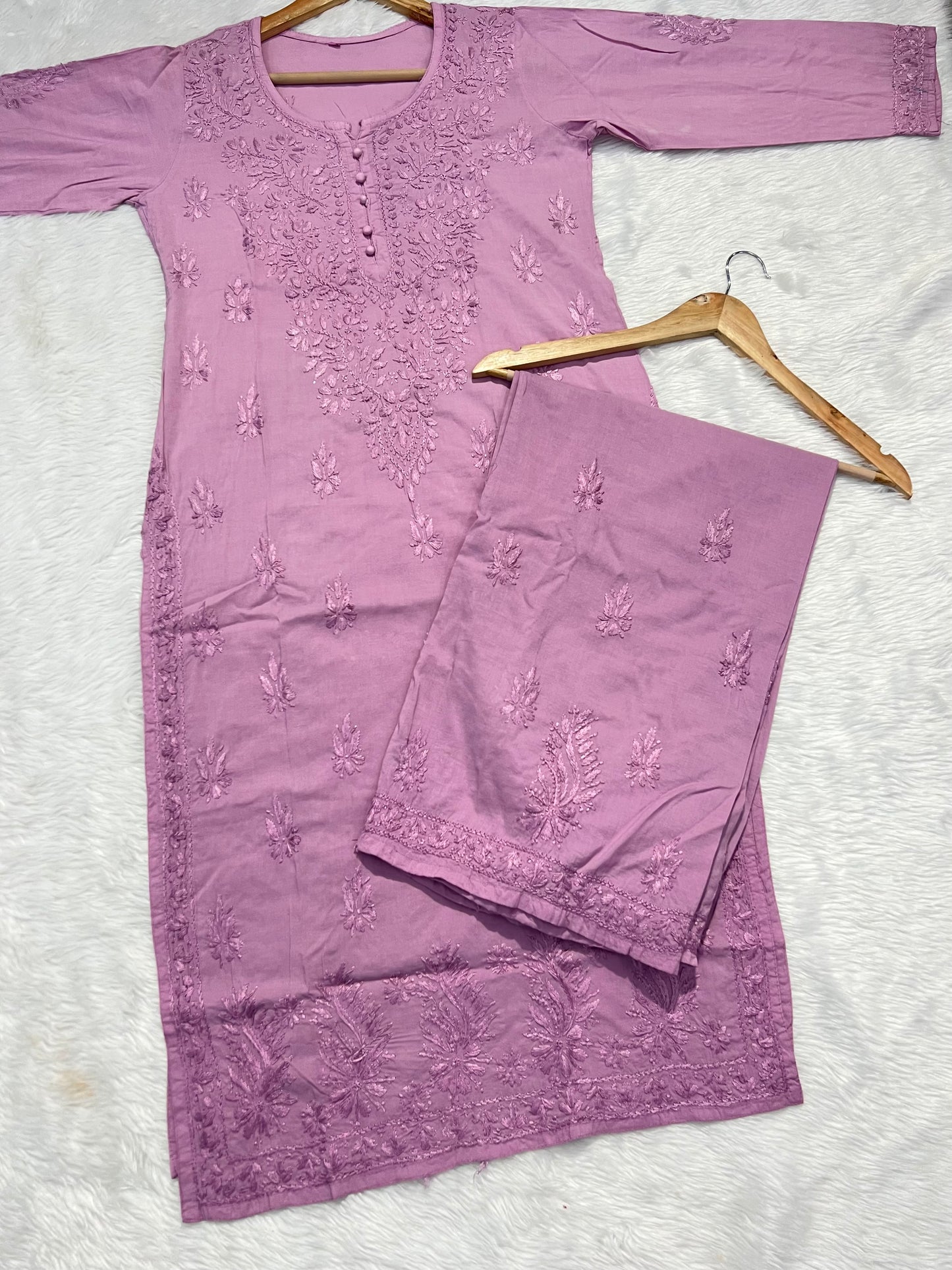 Handcrafted Elegance: Modal Chikankari Kurti & Palazzo Set