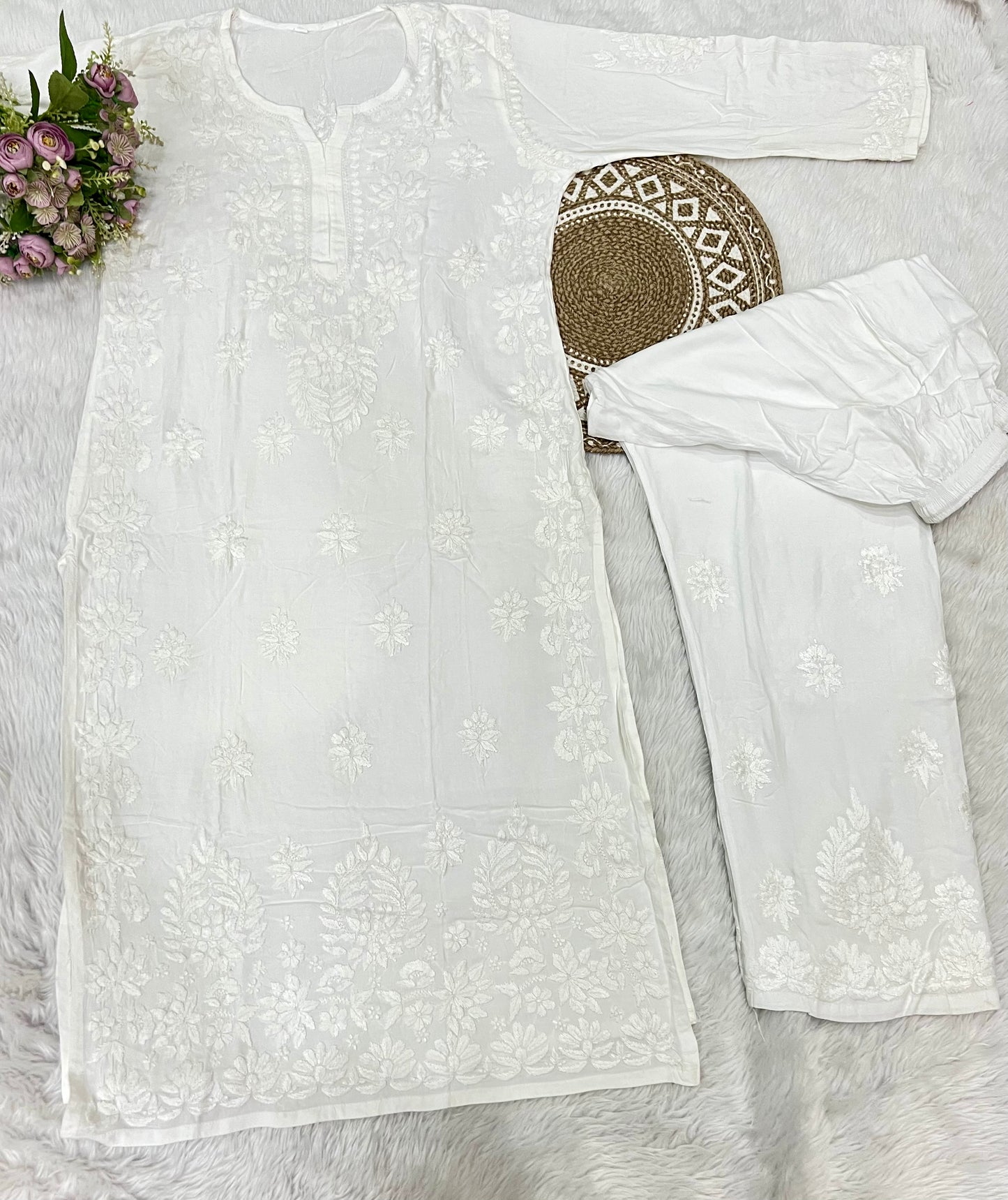 Hemlata Rayon Fabric Hand Crafted Chikanakri Kurti Palazzo Set