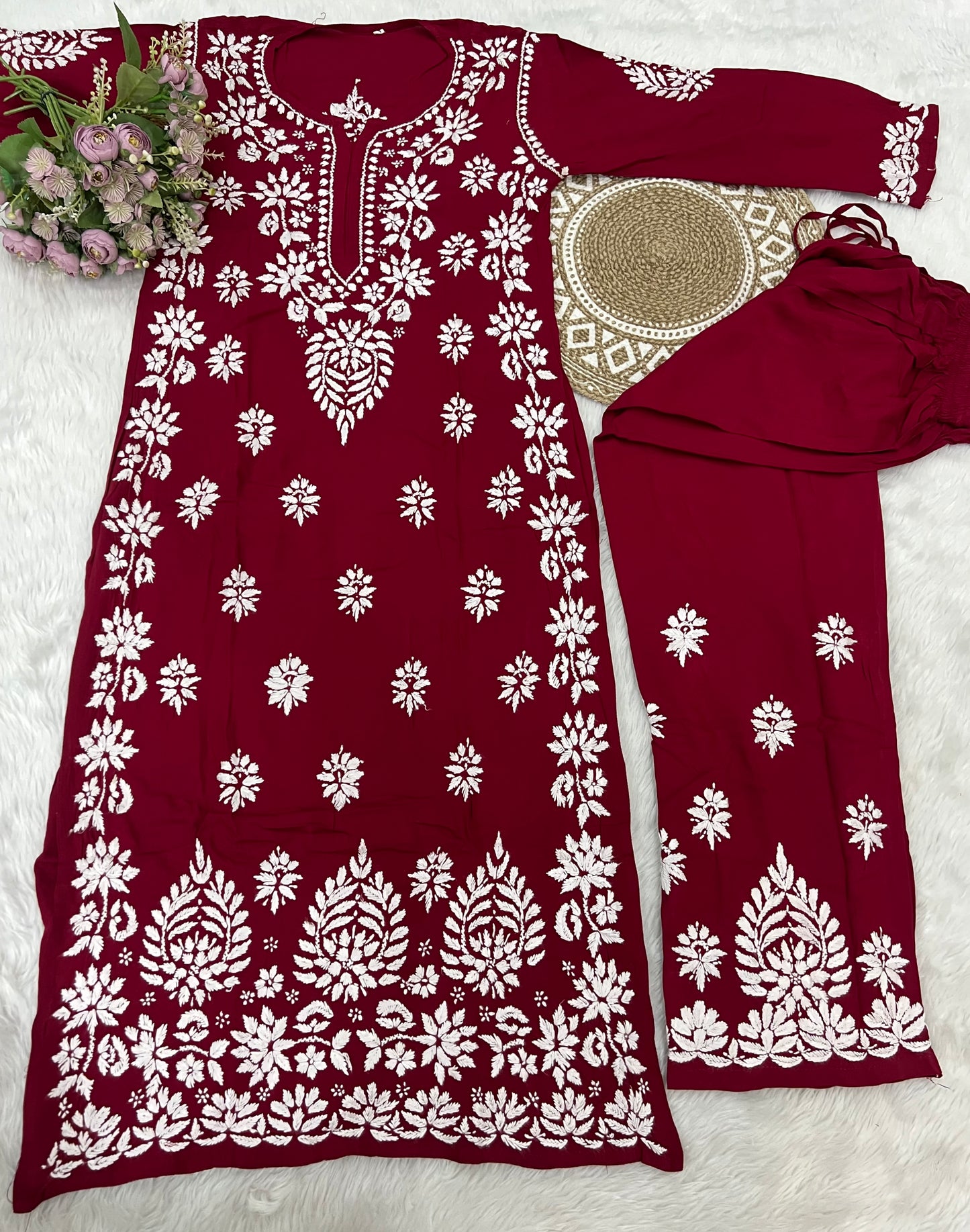Hemlata Rayon Fabric Hand Crafted Chikanakri Kurti Palazzo Set