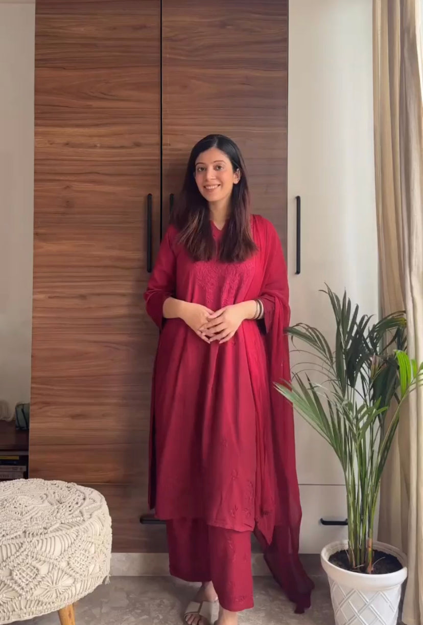 Hand Crafted Chikanakri Soft Rayon Fabric Kurti Palazo & Dupatta Sets