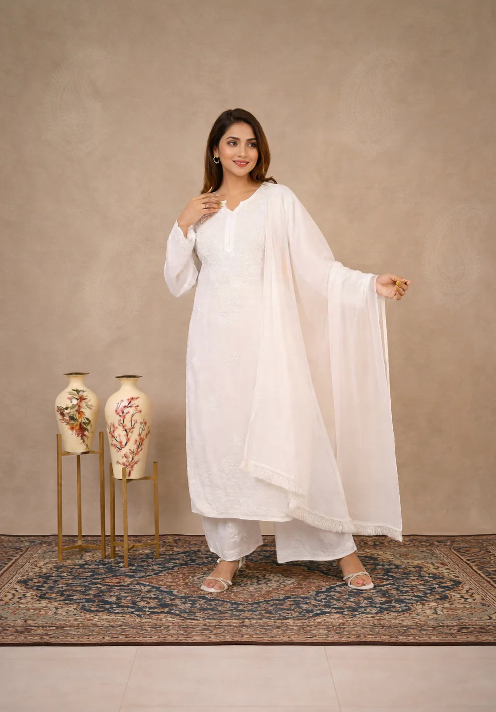White Handwork Rayon Fabric Kurti Palazzo Dupatta Set
