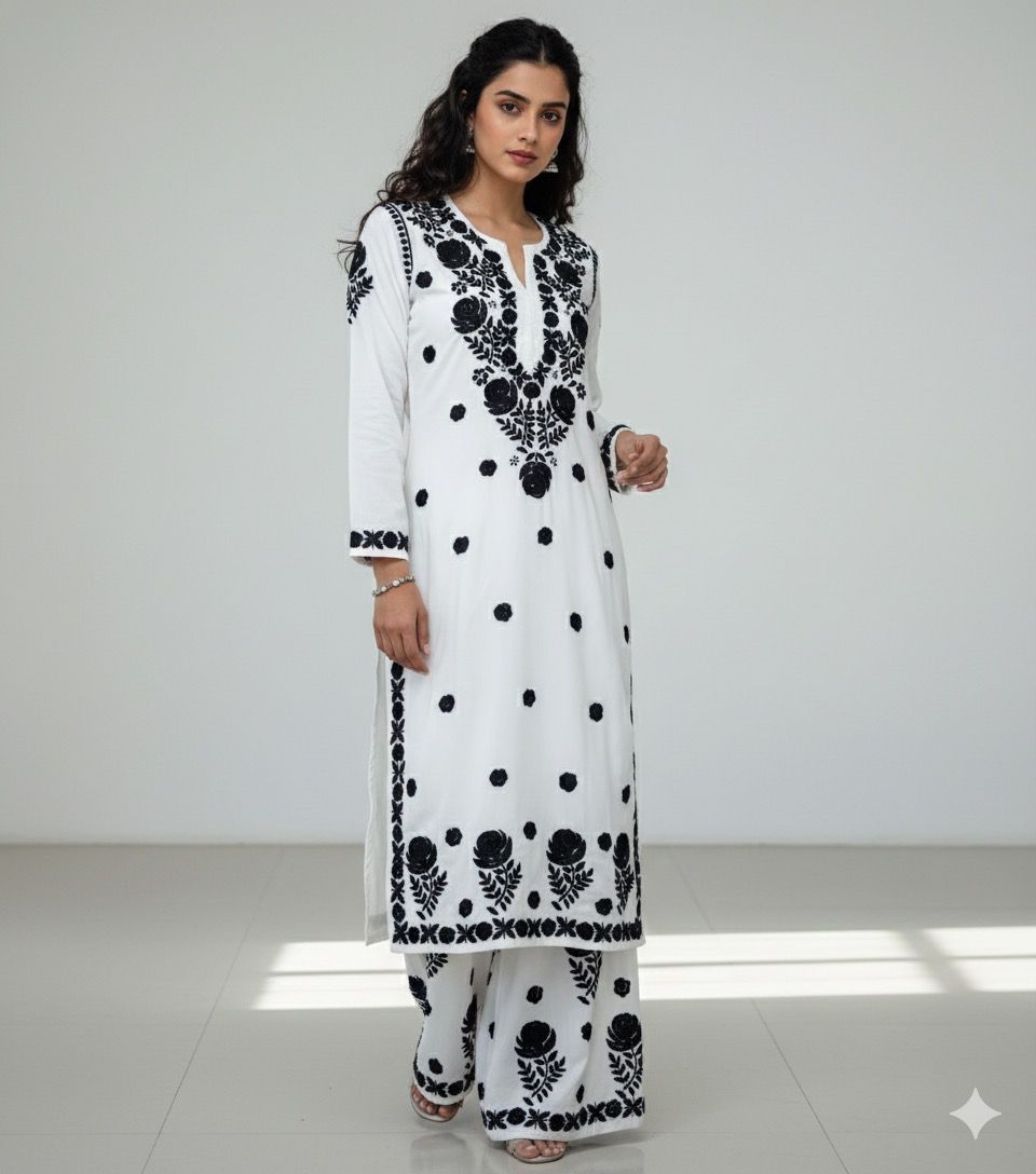 Rayon Handwork Black Thread Chikankari Kurti Palazzo Set – Elegant Ethnic Wear for Women