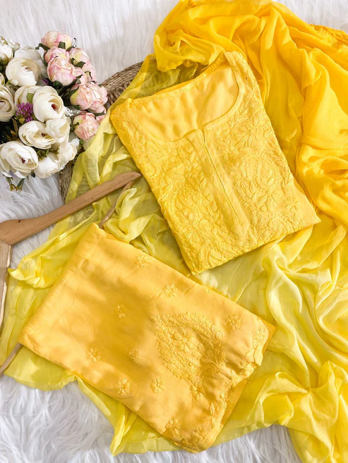Hand Crafted Chikanakri Soft Rayon Fabric Kurti Palazo & Dupatta Sets