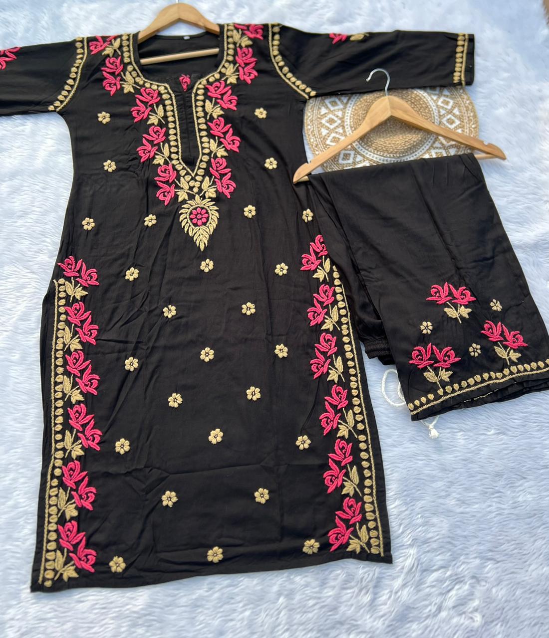 Rayon Fabric Rose Motif Dual Thread Shade Chikankari Kurta Set