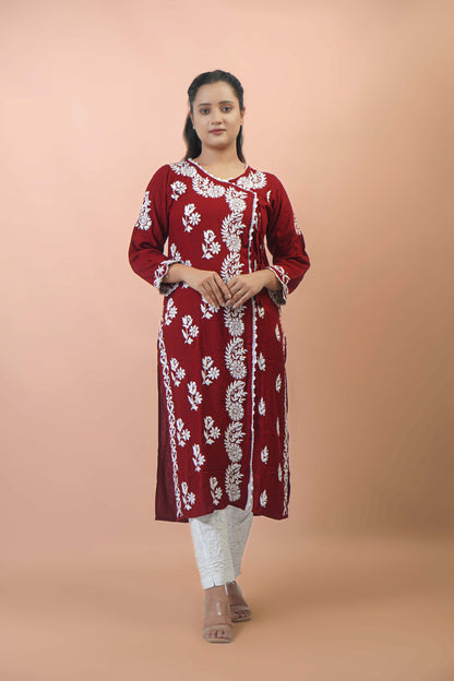 Chikankari Angrakha Pattern Kurta in Soft Rayon Fabric