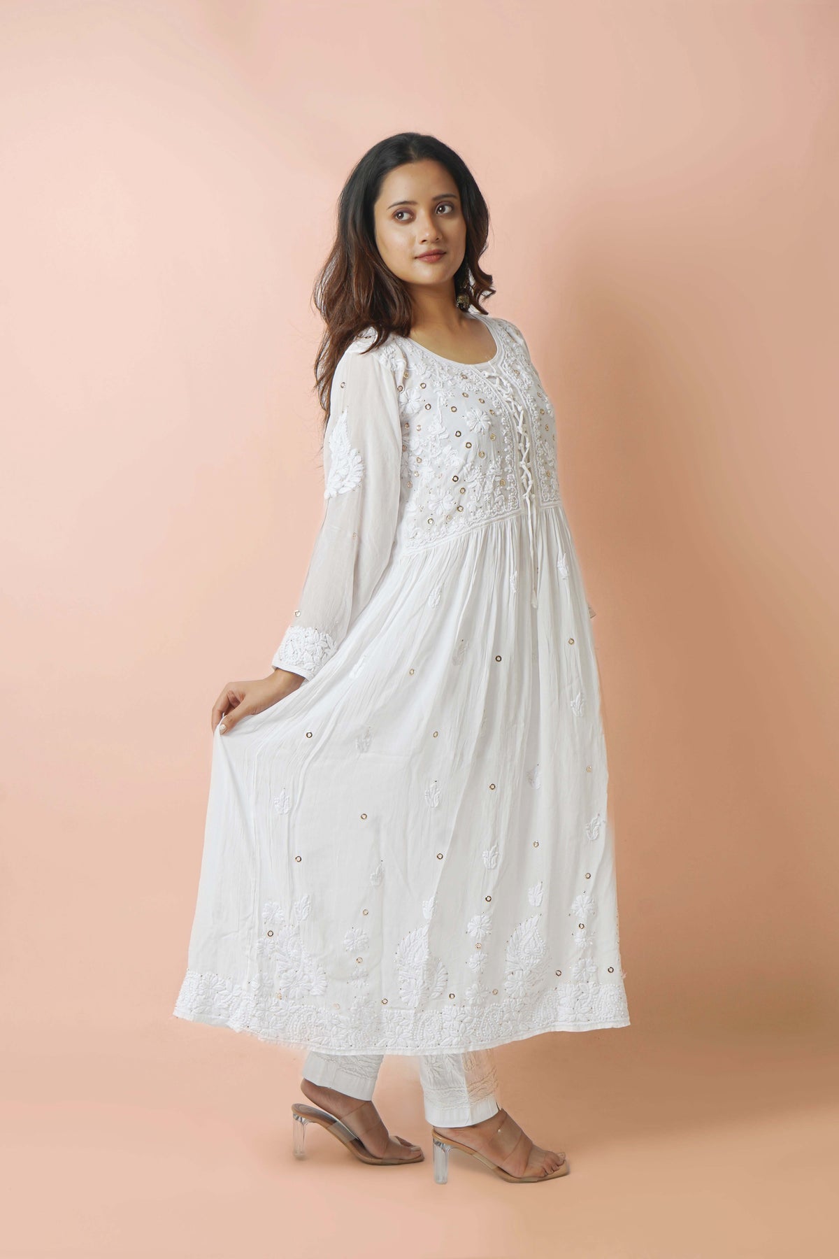 Premium White Chikankari Anarkali Gown with Mukaish Work & Intricate Embroidery