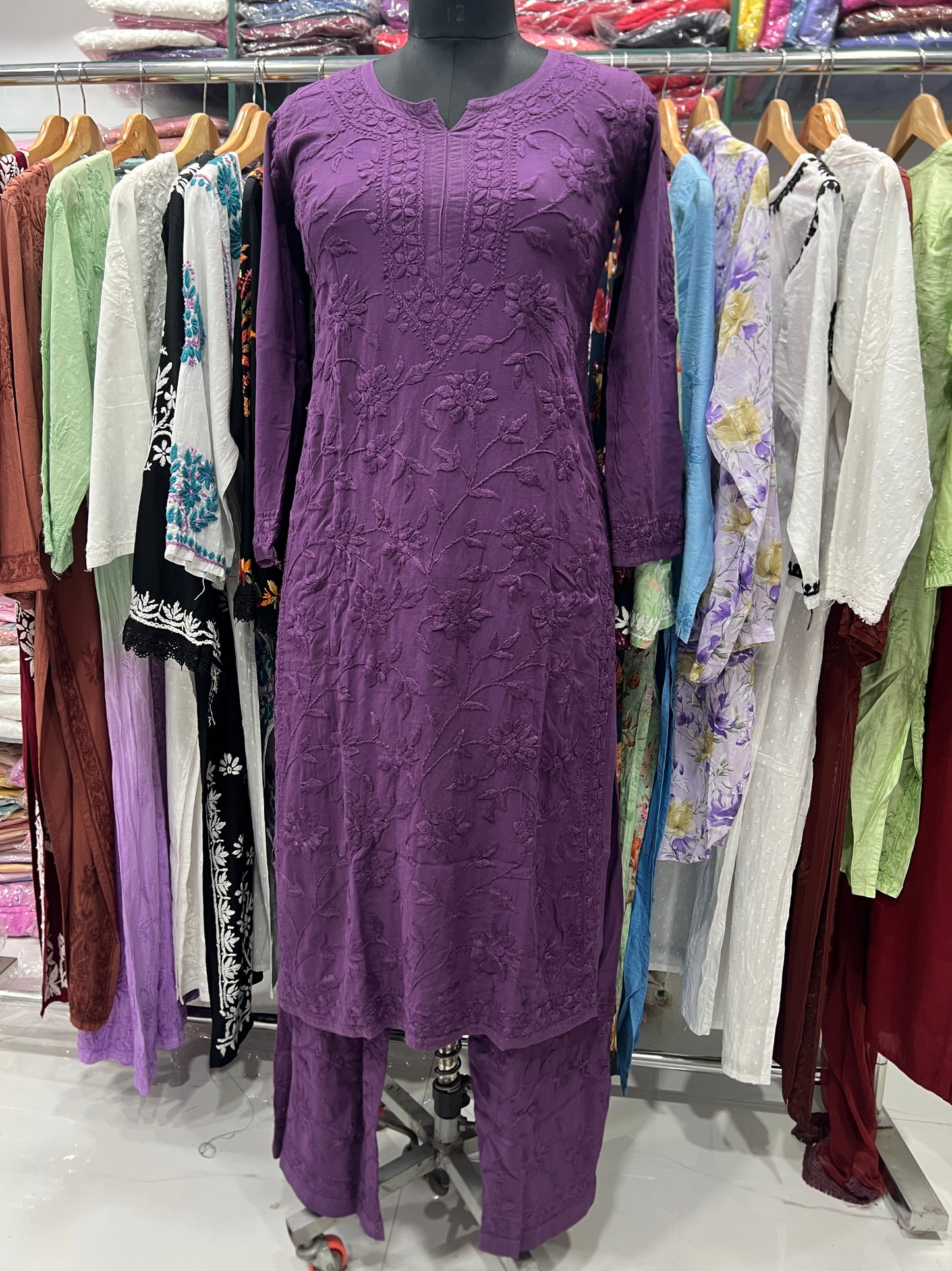 Rayon Fabric Heavy Jaal Work Chikankari kurti & Palazzo Set
