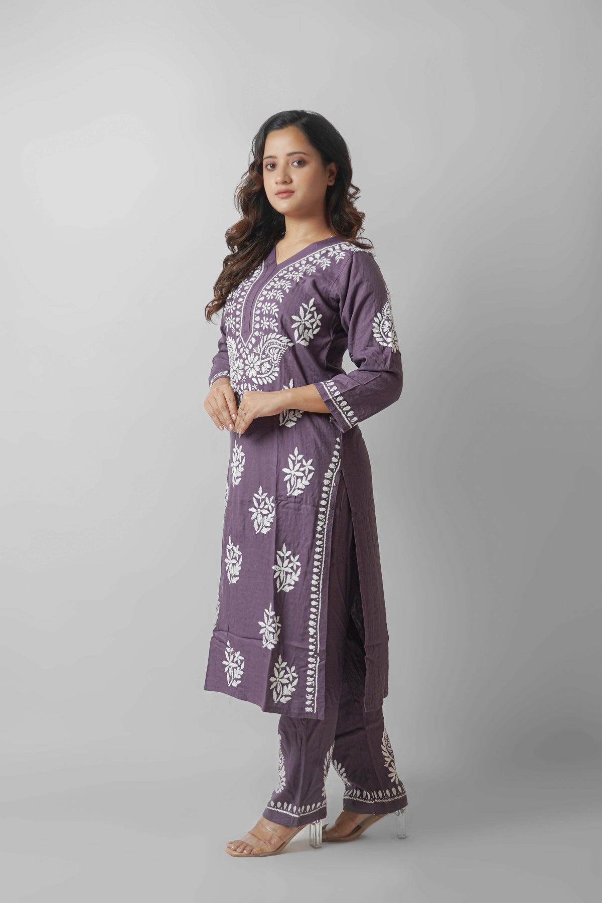 Rayon Fabric V-Neck Chikankari kurti & Pant Set