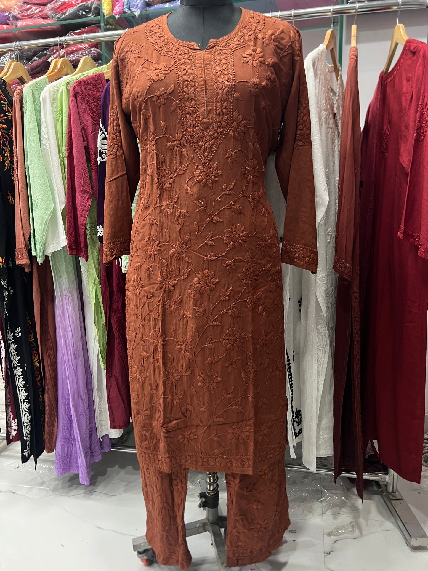 Rayon Fabric Heavy Jaal Work Chikankari kurti & Palazzo Set
