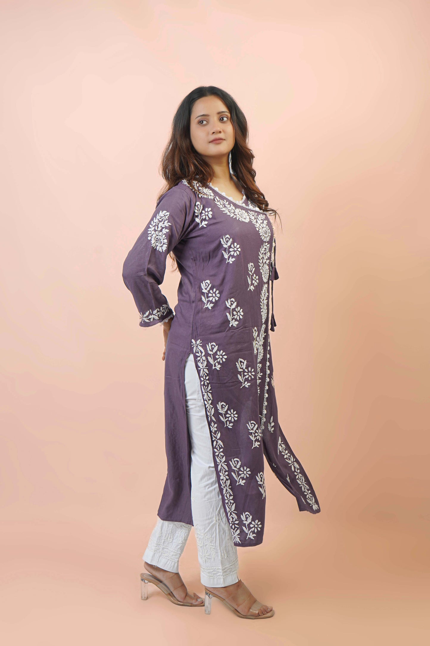 Chikankari Angrakha Pattern Kurta in Soft Rayon Fabric