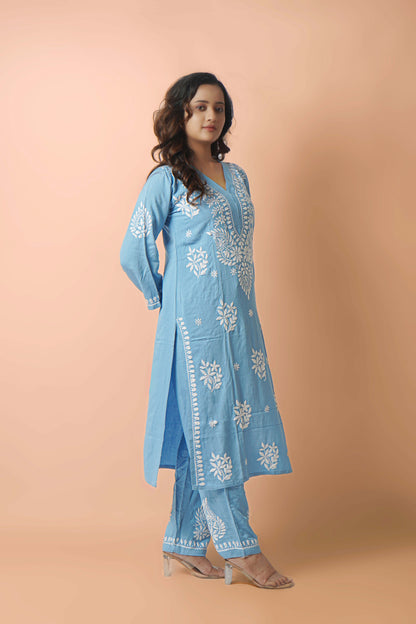 Rayon Fabric V-Neck Chikankari kurti & Pant Set