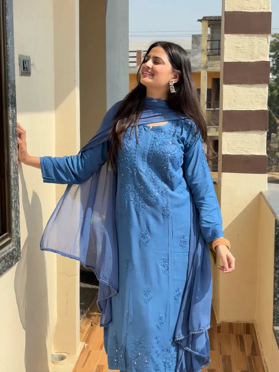 Muqaish Work Lucknowi Chikankari Handwork Rayon Kurti Palazzo Dupatta Set