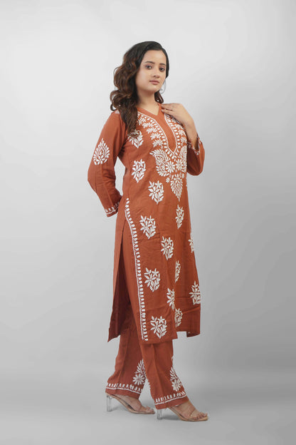 Rayon Fabric V-Neck Chikankari kurti & Pant Set