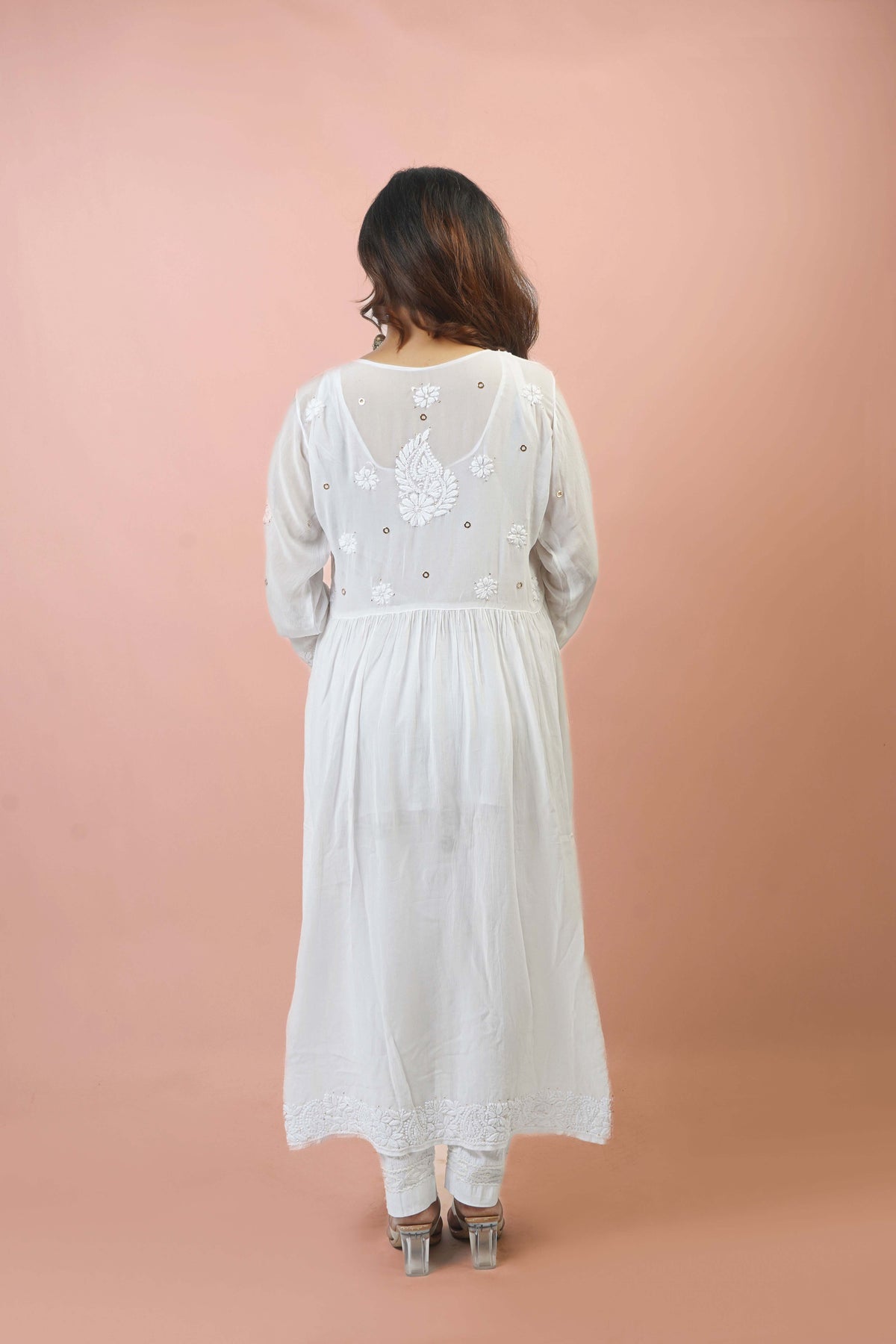 Premium White Chikankari Anarkali Gown with Mukaish Work & Intricate Embroidery