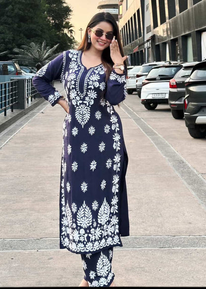 Hemlata Rayon Fabric Hand Crafted Chikanakri Kurti Palazzo Set