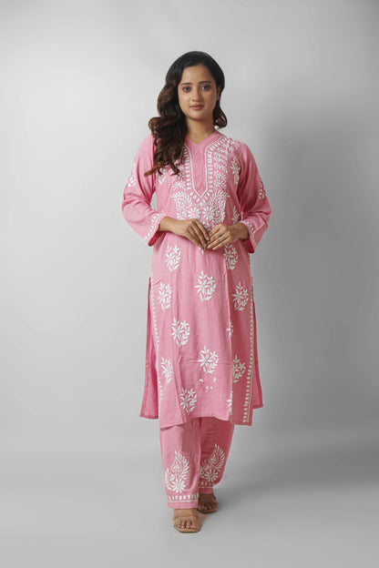 Rayon Fabric V-Neck Chikankari kurti & Pant Set