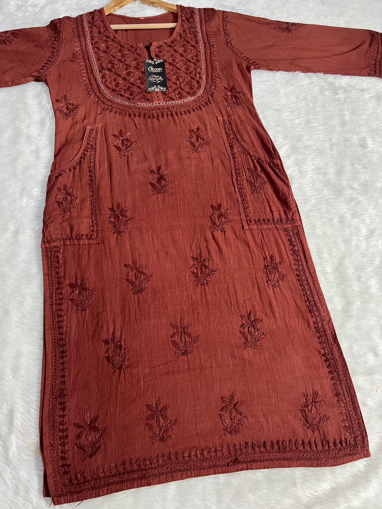 Linen Cotton Handwork Beautiful Shades kurti having Side Pockets