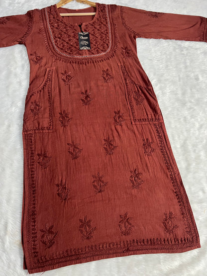 Linen Cotton Handwork Beautiful Shades kurti having Side Pockets