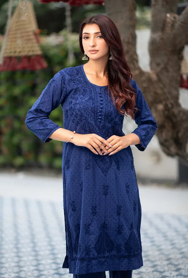 Hand Embroided Dobby Cotton Ombre Chikankari Kurti