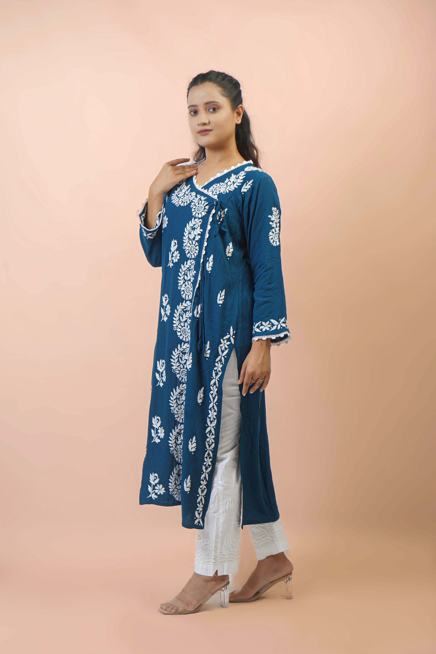 Chikankari Angrakha Pattern Kurta in Soft Rayon Fabric