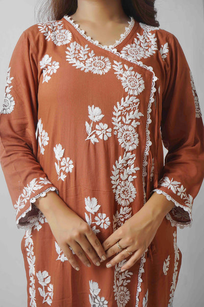 Chikankari Angrakha Pattern Kurta in Soft Rayon Fabric