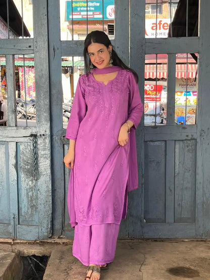 (Plus Size Available)Elegant Soft Rayon Lucknowi Chikankari 3-Piece Suit Set