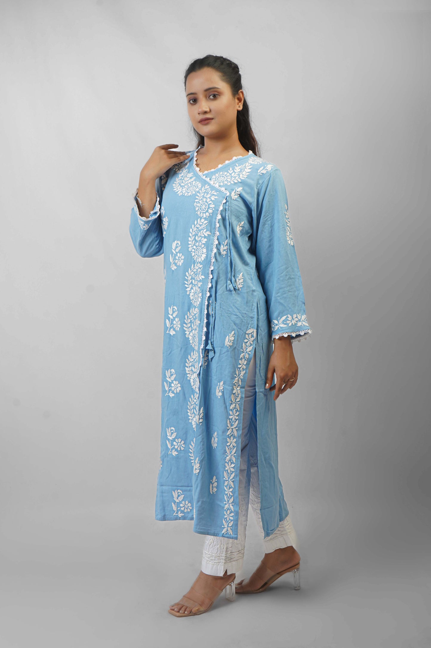 Chikankari Angrakha Pattern Kurta in Soft Rayon Fabric