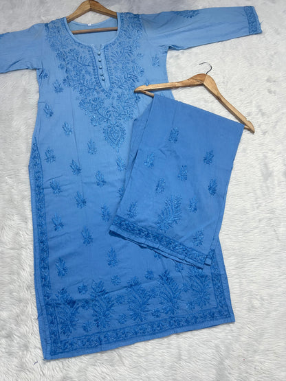 Handcrafted Elegance: Modal Chikankari Kurti & Palazzo Set