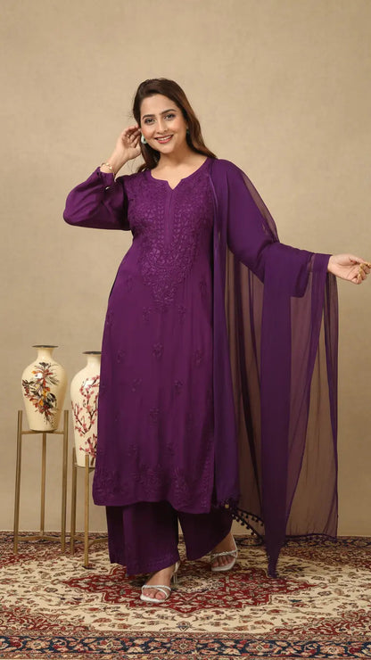 (Plus Size Available)Elegant Soft Rayon Lucknowi Chikankari 3-Piece Suit Set