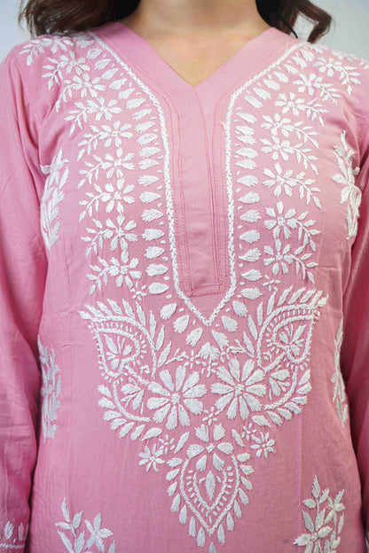 Rayon Fabric V-Neck Chikankari kurti & Pant Set