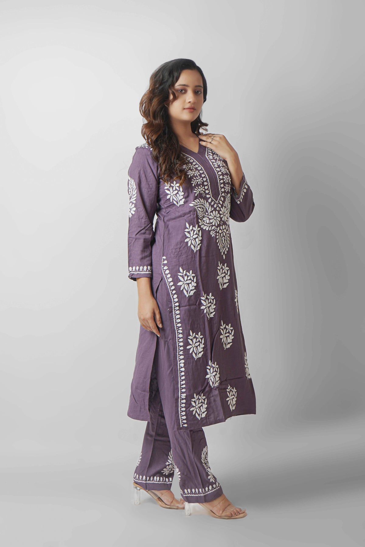 Rayon Fabric V-Neck Chikankari kurti & Pant Set