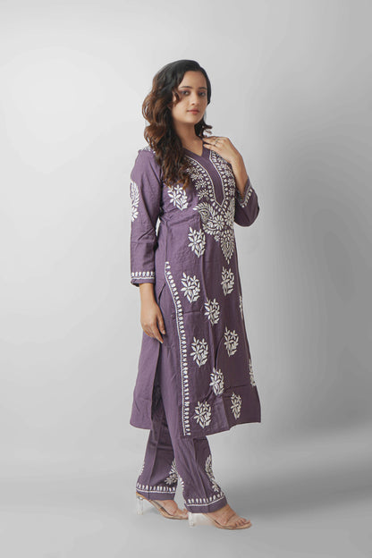 Rayon Fabric V-Neck Chikankari kurti & Pant Set