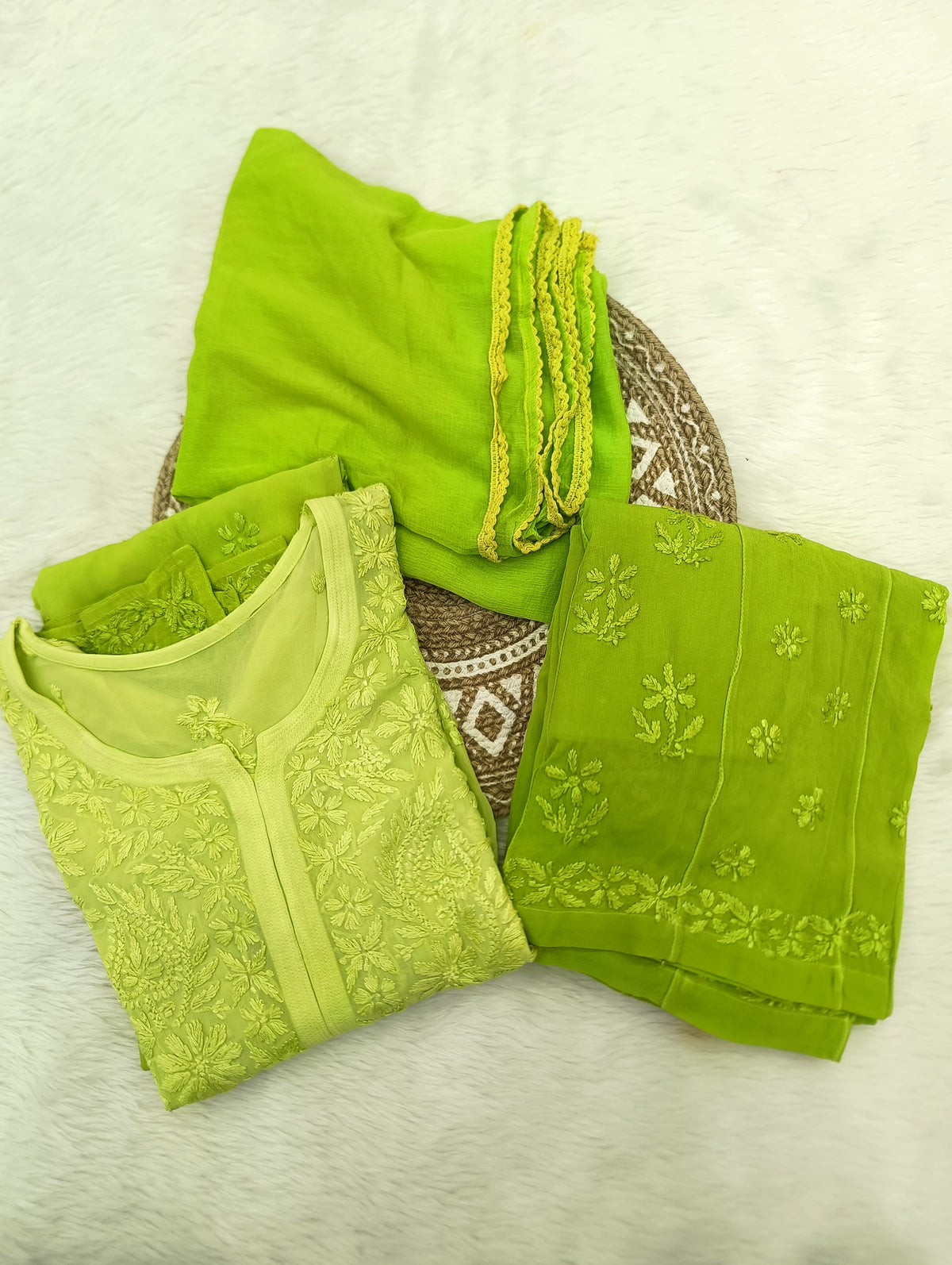 Premium Viscose fabric handwork chikankari kurti palazzo dupatta set