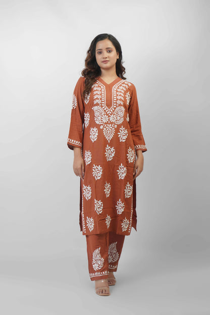 Rayon Fabric V-Neck Chikankari kurti & Pant Set
