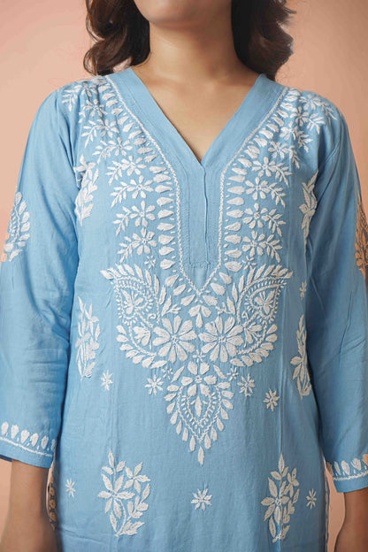 Rayon Fabric V-Neck Chikankari kurti & Pant Set