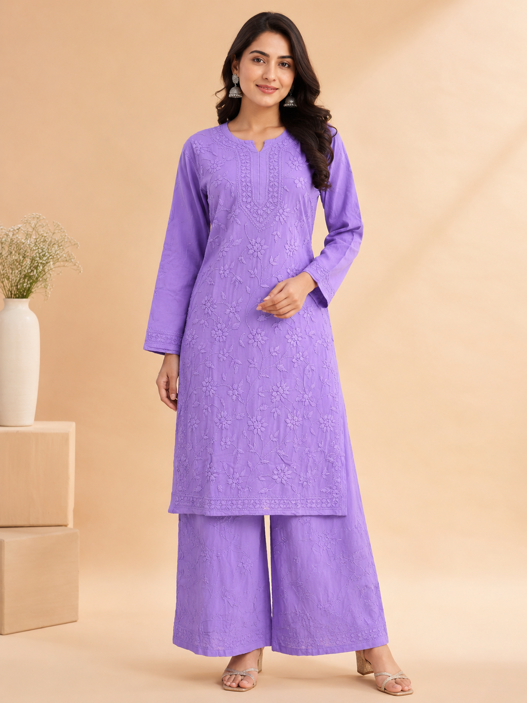 Rayon Fabric Heavy Jaal Work Chikankari kurti & Palazzo Set
