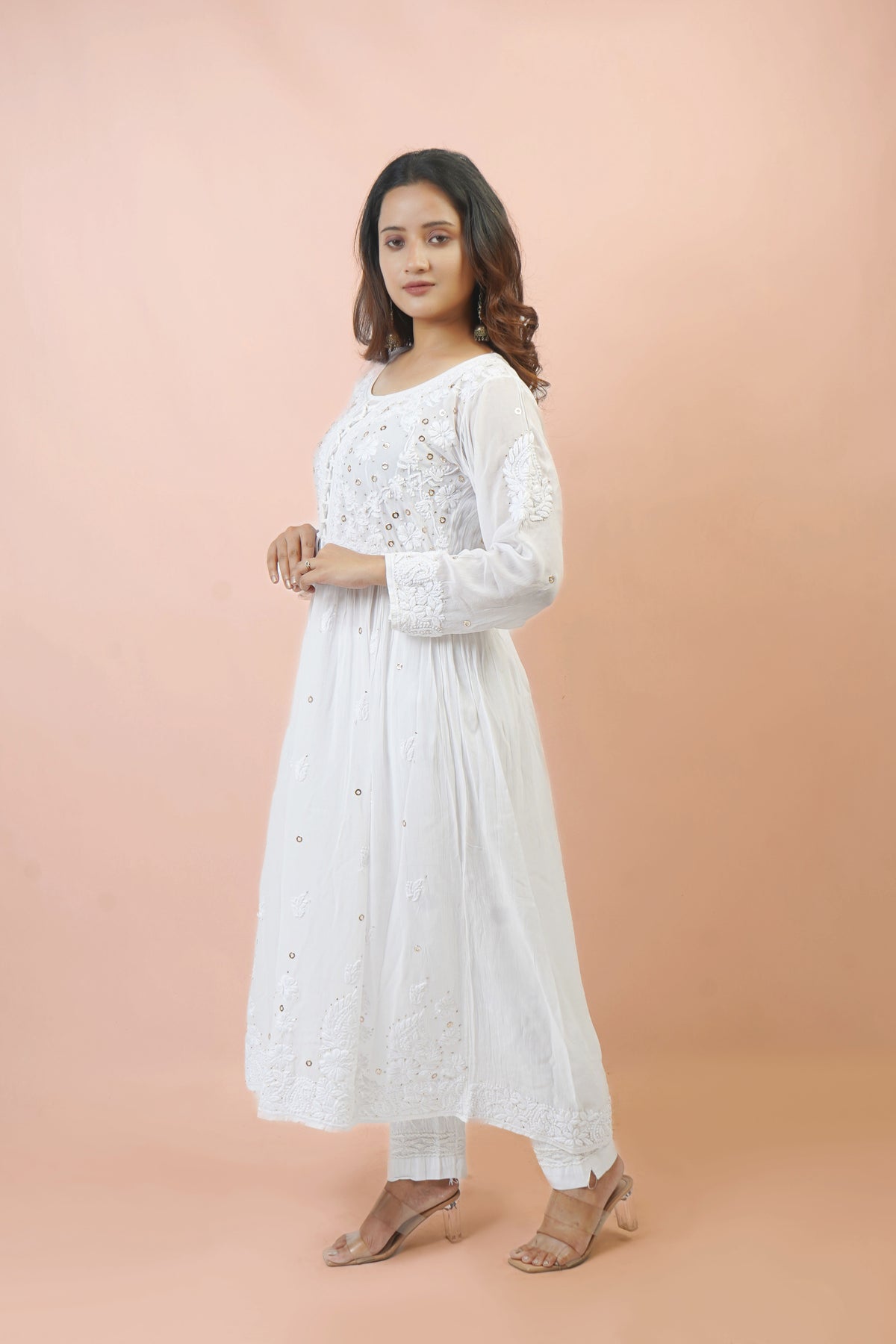 Premium White Chikankari Anarkali Gown with Mukaish Work & Intricate Embroidery