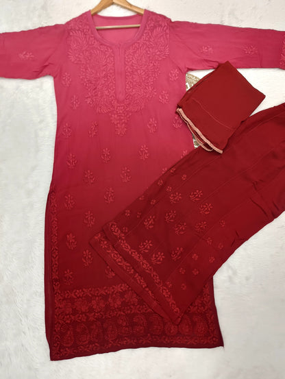 Premium Viscose fabric handwork chikankari kurti palazzo dupatta set