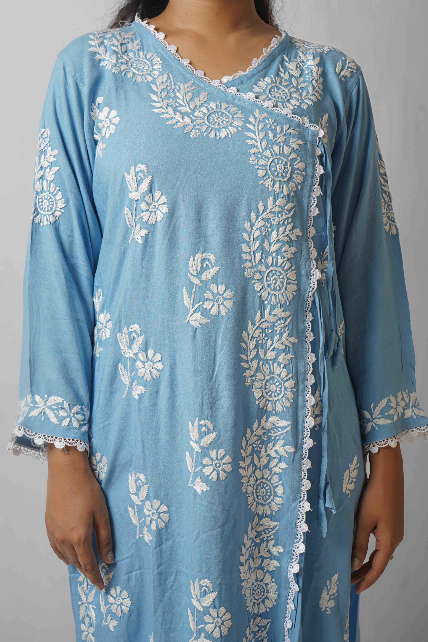 Chikankari Angrakha Pattern Kurta in Soft Rayon Fabric