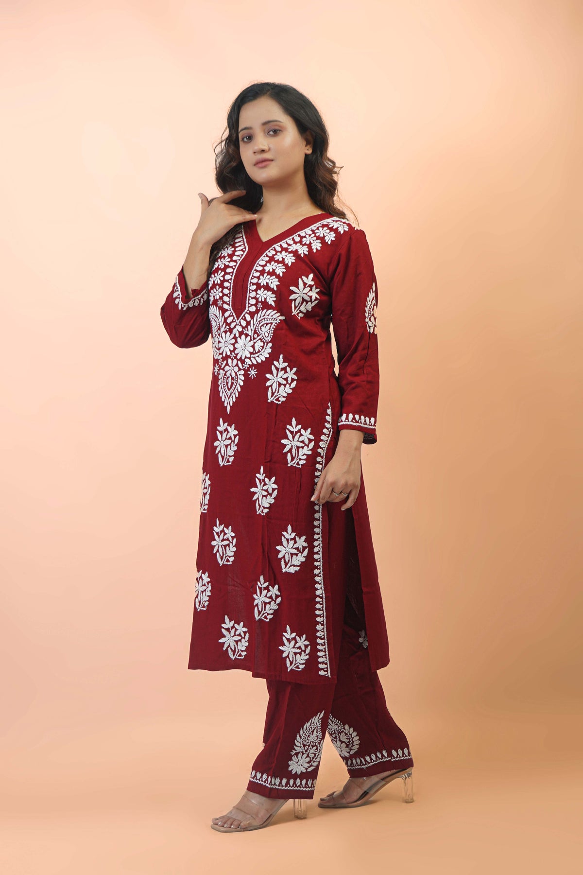 Rayon Fabric V-Neck Chikankari kurti & Pant Set