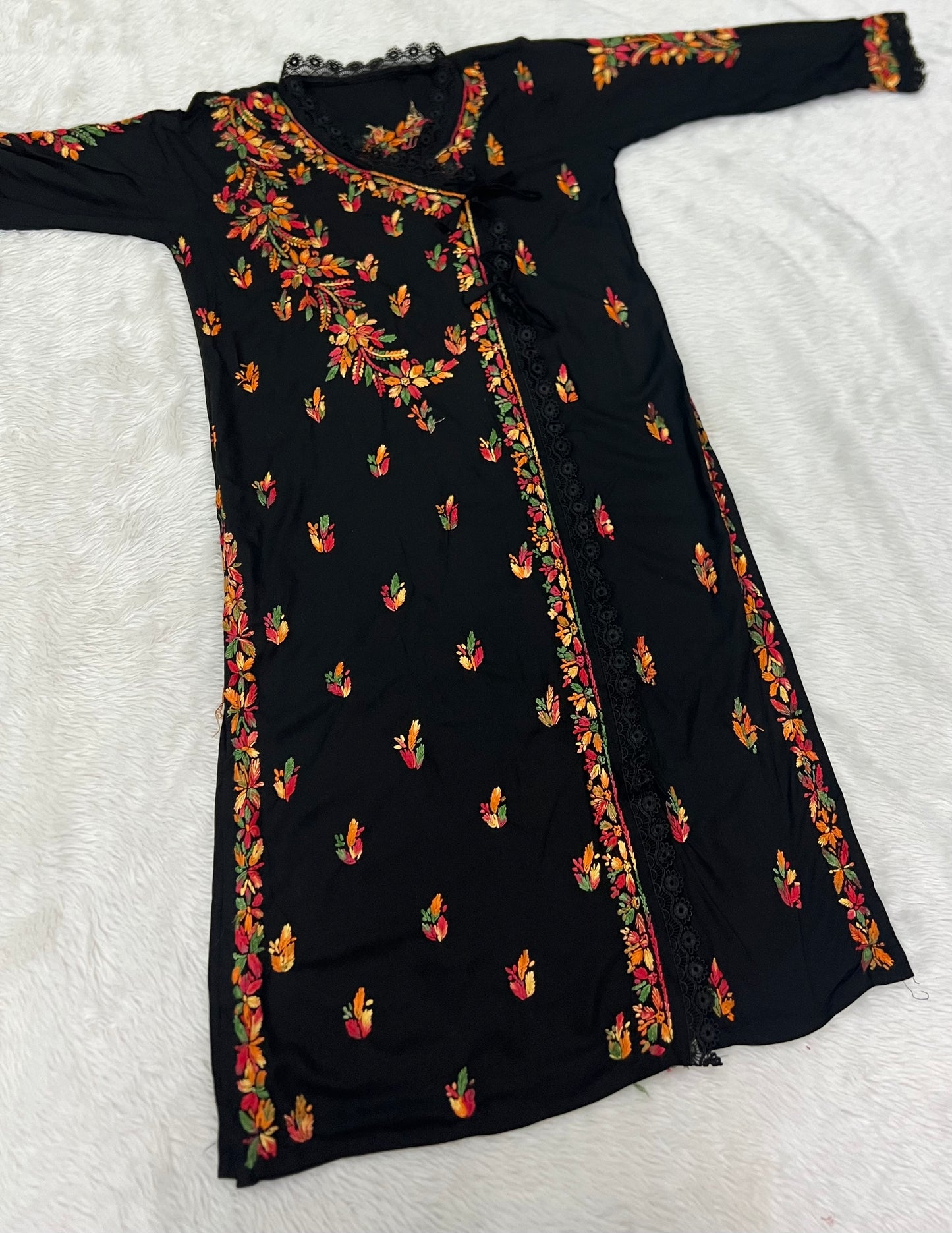 Exquisite Hand-Embroidered Rayon Angrakha Kurti – Multi-Thread Floral Artistry