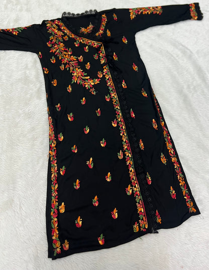 Exquisite Hand-Embroidered Rayon Angrakha Kurti – Multi-Thread Floral Artistry