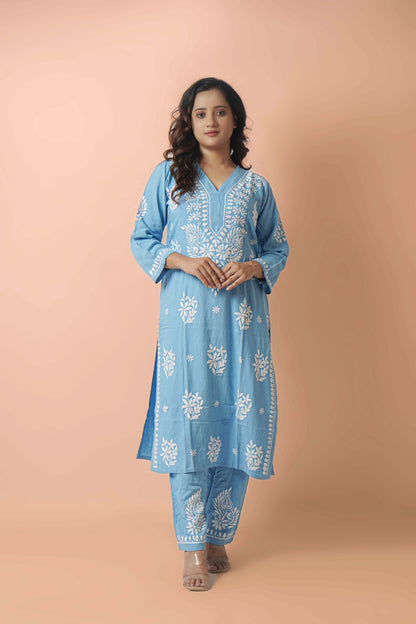 Rayon Fabric V-Neck Chikankari kurti & Pant Set