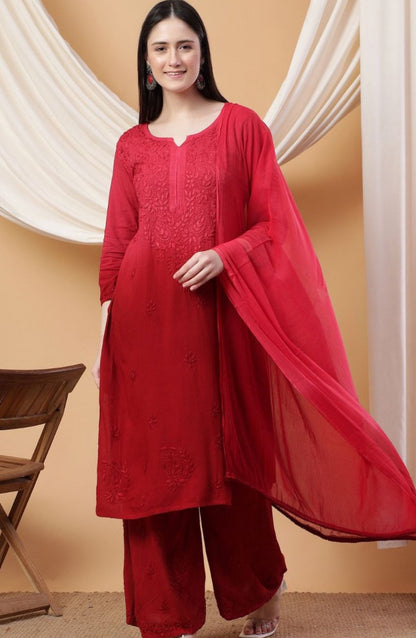 Hand Crafted Chikanakri Soft Rayon Fabric Kurti Palazo & Dupatta Sets